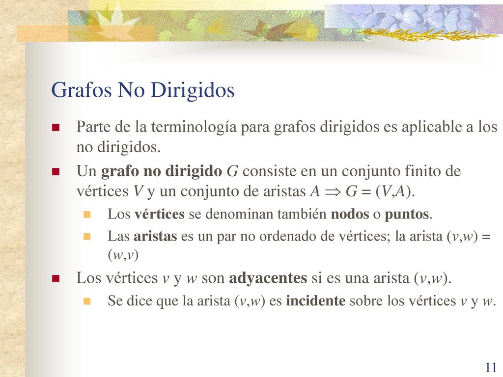 Grafos No Dirigidos Parte de la terminología para grafos dirigidos es aplicable a los no dirigidos.