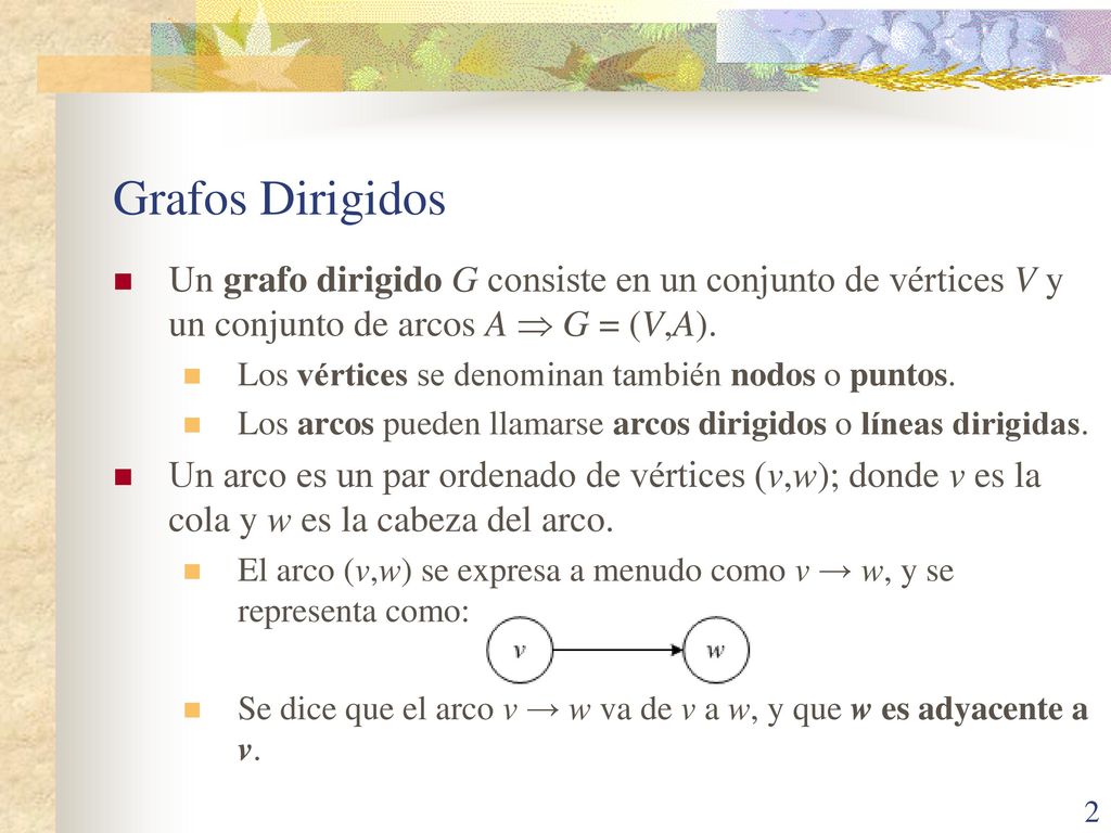 Grafos Dirigidos Un grafo dirigido G consiste en un conjunto de vértices V y un conjunto de arcos A  G = (V,A).