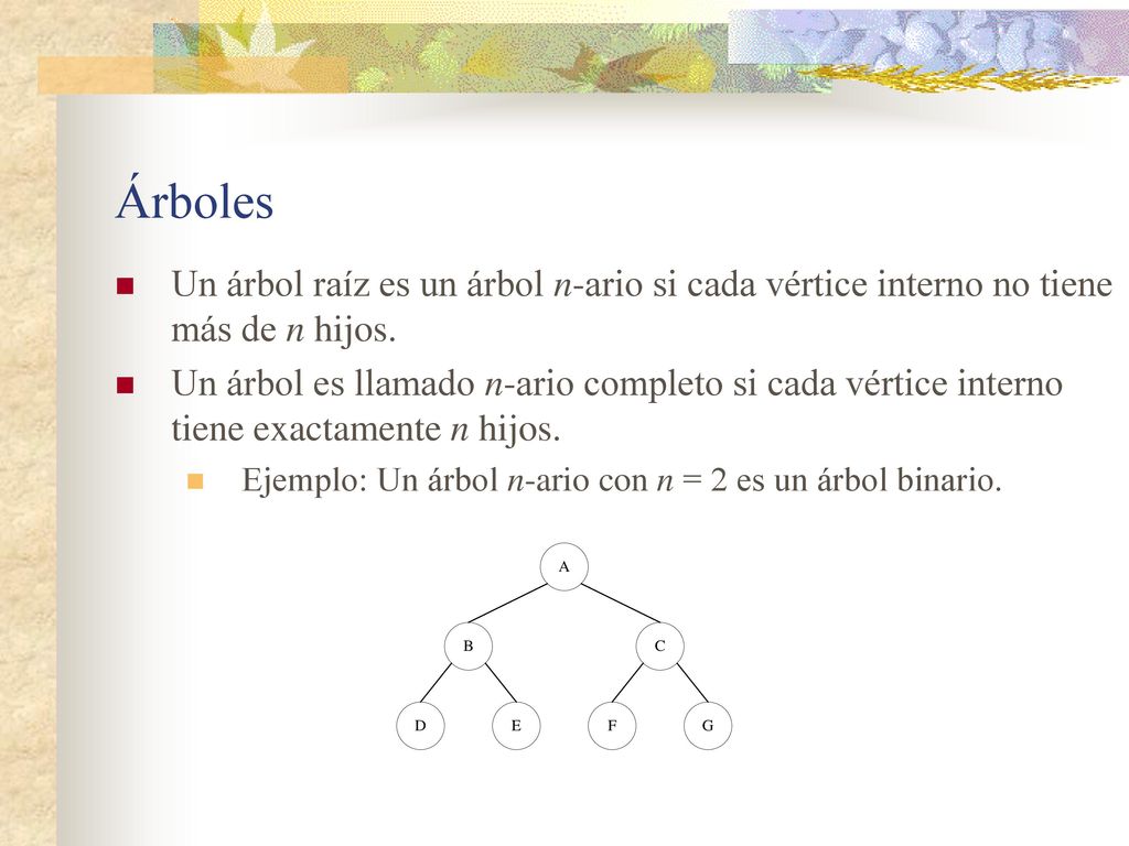 Árboles Un árbol raíz es un árbol n-ario si cada vértice interno no tiene más de n hijos.