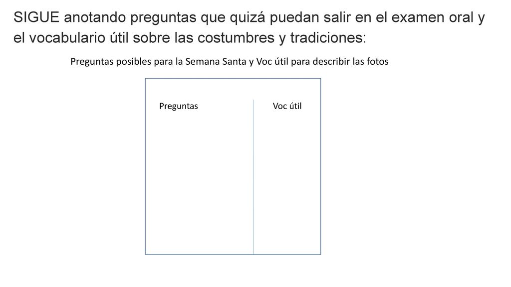 SIGUE anotando preguntas que quizá puedan salir en el examen oral y el vocabulario útil sobre las costumbres y tradiciones: