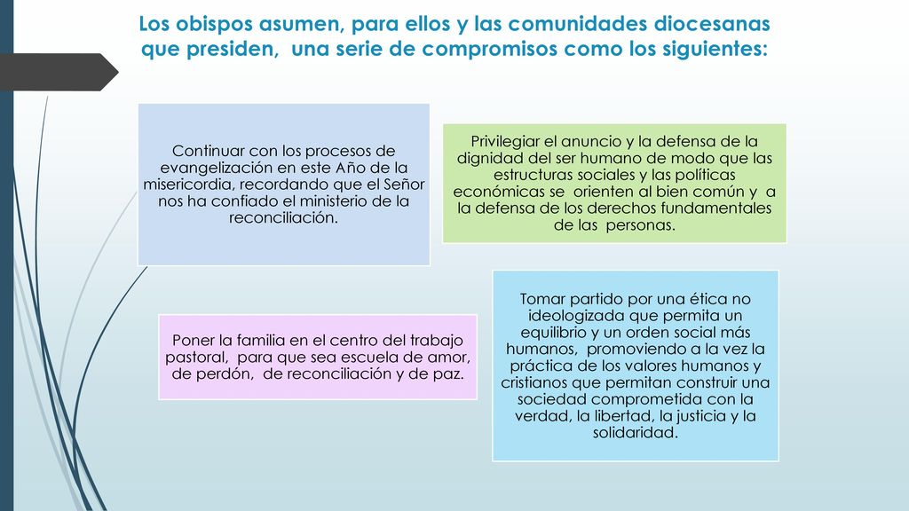 Los obispos asumen, para ellos y las comunidades diocesanas que presiden, una serie de compromisos como los siguientes: