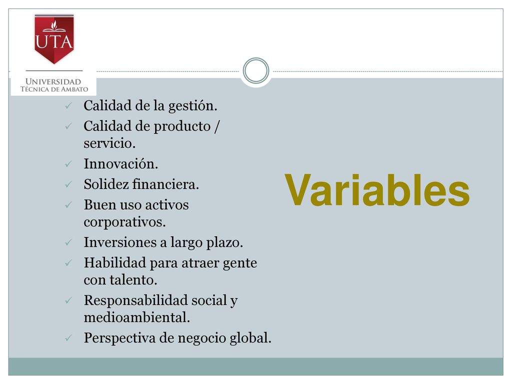 Variables Calidad de la gestión. Calidad de producto / servicio.