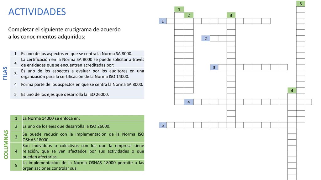 ACTIVIDADES. Completar el siguiente crucigrama de acuerdo a los conocimientos adquiridos: