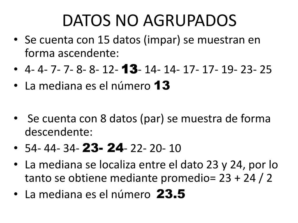 DATOS NO AGRUPADOS Se cuenta con 15 datos (impar) se muestran en forma ascendente:
