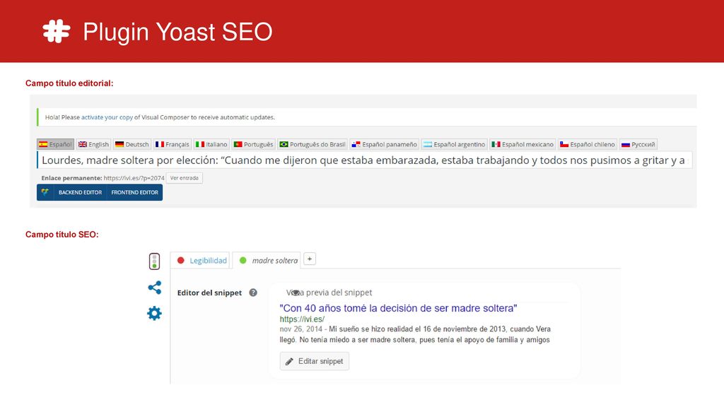 Plugin Yoast SEO Campo título editorial: Campo título SEO: