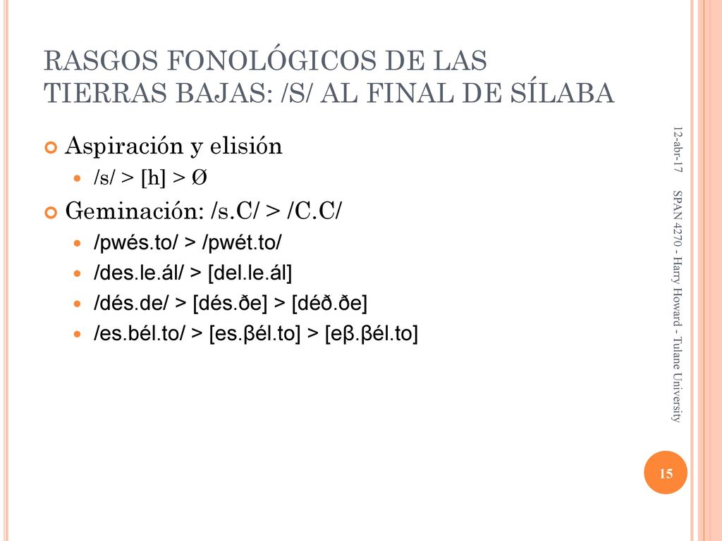 RASGOS FONOLÓGICOS DE LAS TIERRAS BAJAS: /S/ AL FINAL DE SÍLABA