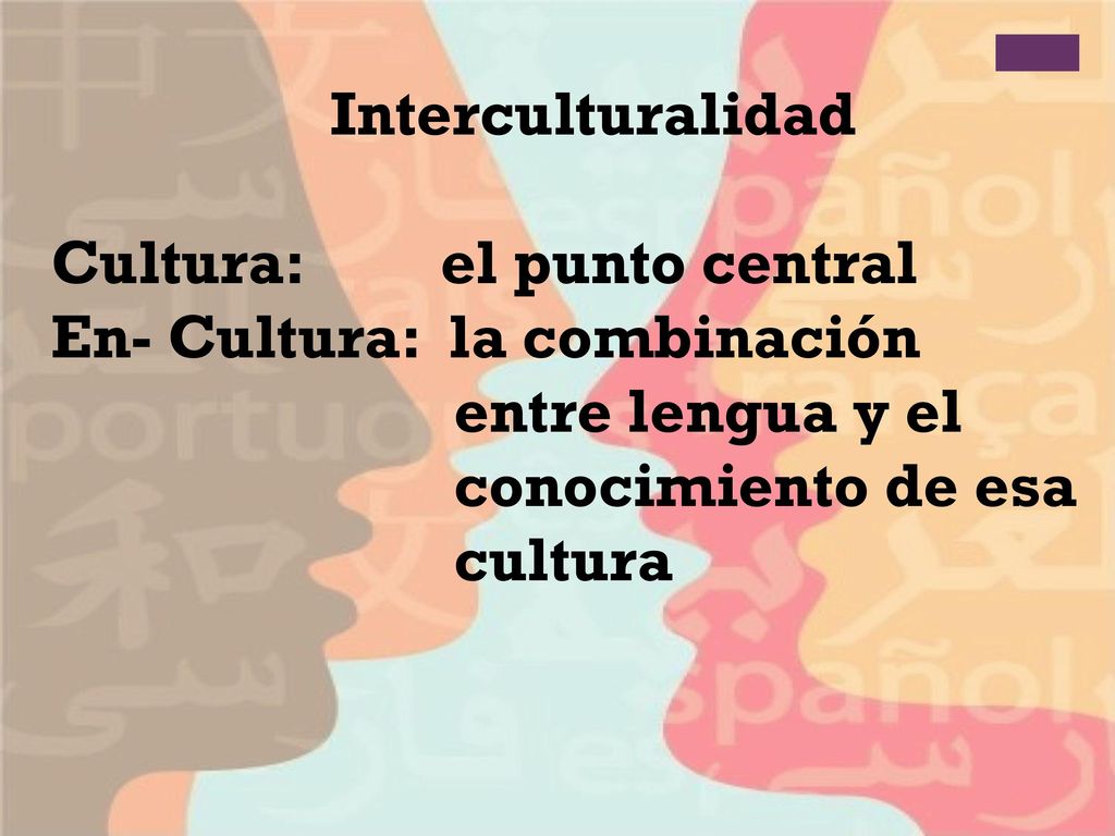 Interculturalidad Cultura: el punto central. En- Cultura: la combinación. entre lengua y el.