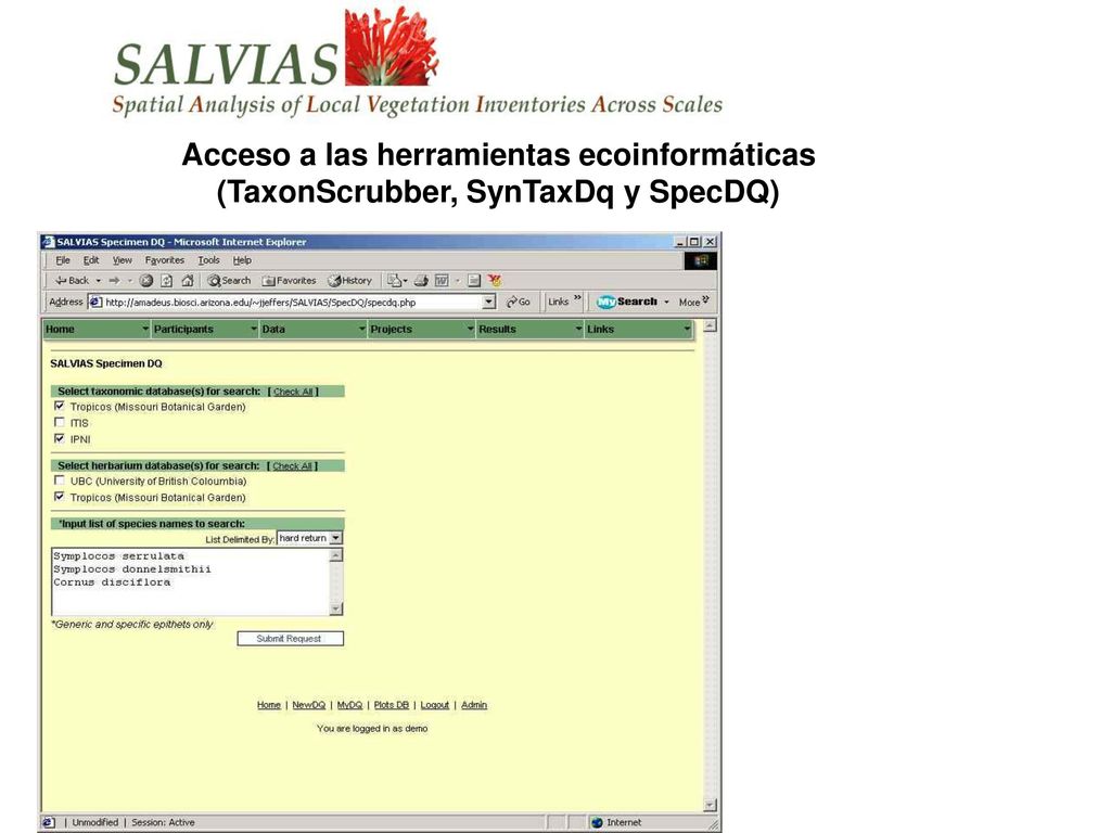 Acceso a las herramientas ecoinformáticas (TaxonScrubber, SynTaxDq y SpecDQ)