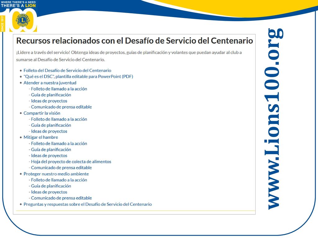 Examine los puntos en la sección de Desafío de Servicio del Centenario.