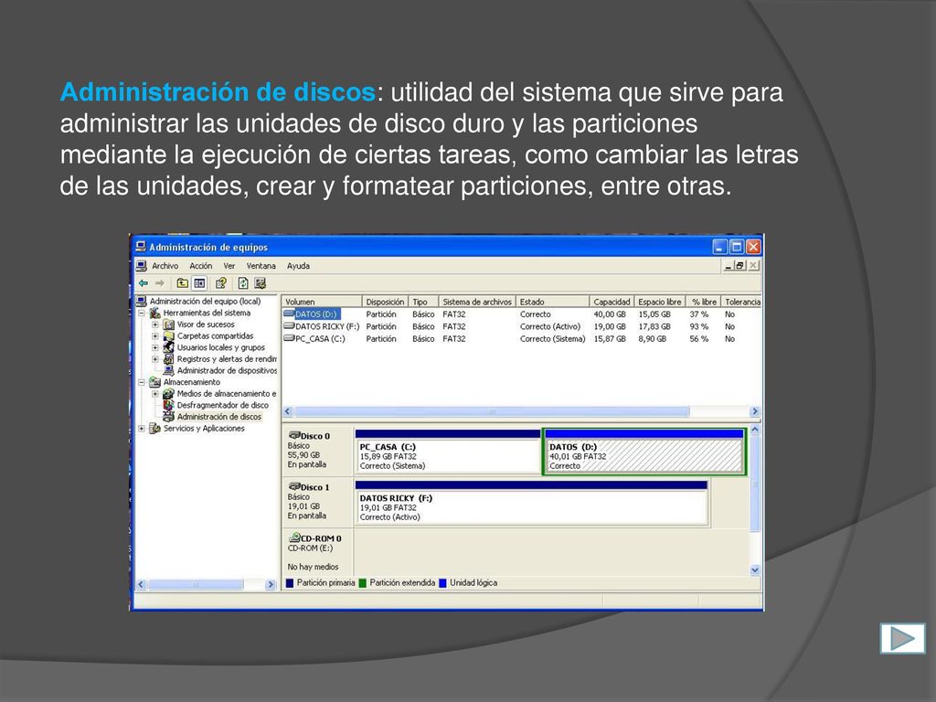 Administración de discos: utilidad del sistema que sirve para administrar las unidades de disco duro y las particiones mediante la ejecución de ciertas tareas, como cambiar las letras de las unidades, crear y formatear particiones, entre otras.