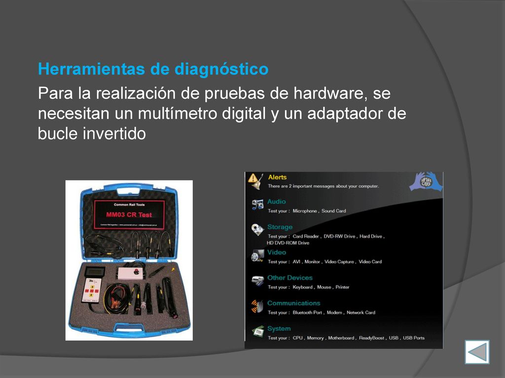 Herramientas de diagnóstico Para la realización de pruebas de hardware, se necesitan un multímetro digital y un adaptador de bucle invertido