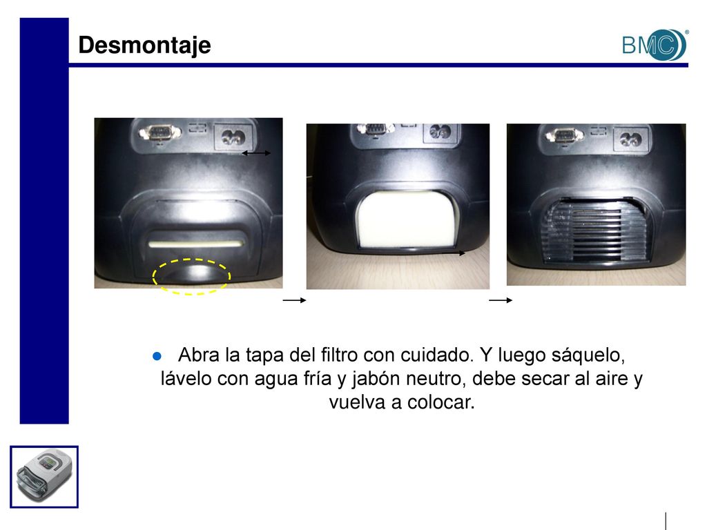 Desmontaje Pulse el botón en la parte posterior del dispositivo principal, y luego tire el humidificador térmico hacia afuera.