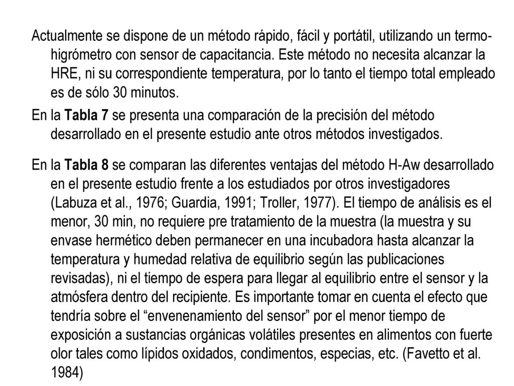 Actualmente se dispone de un método rápido, fácil y portátil, utilizando un termo-higrómetro con sensor de capacitancia. Este método no necesita alcanzar la HRE, ni su correspondiente temperatura, por lo tanto el tiempo total empleado es de sólo 30 minutos.