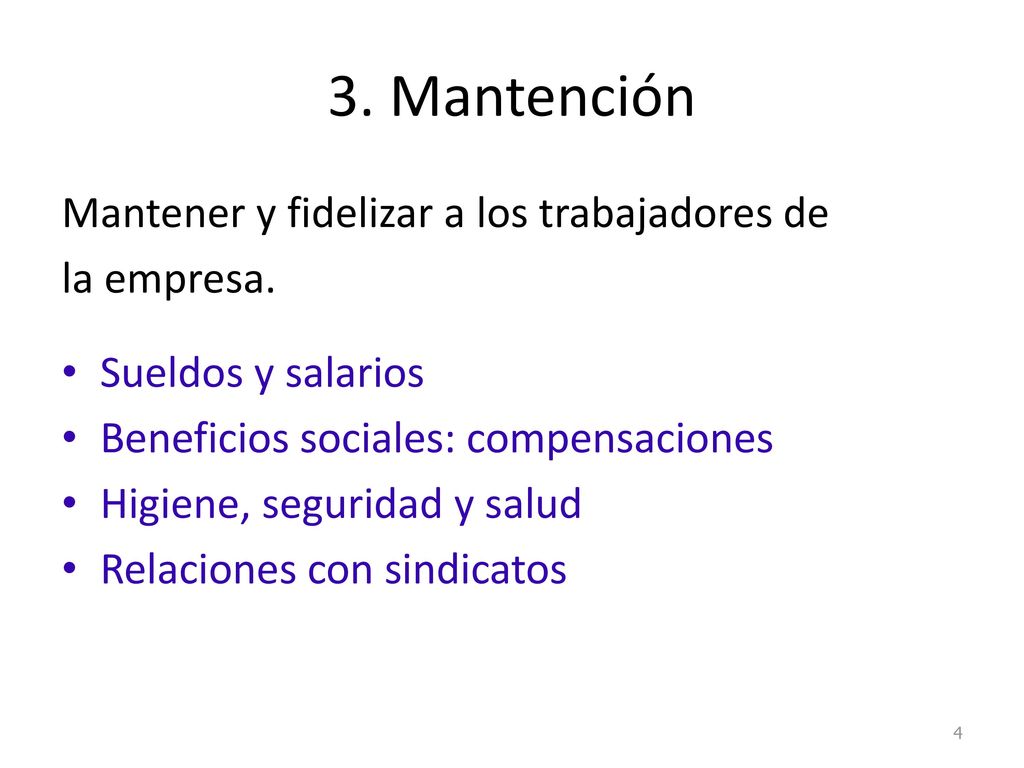 3. Mantención Mantener y fidelizar a los trabajadores de la empresa.