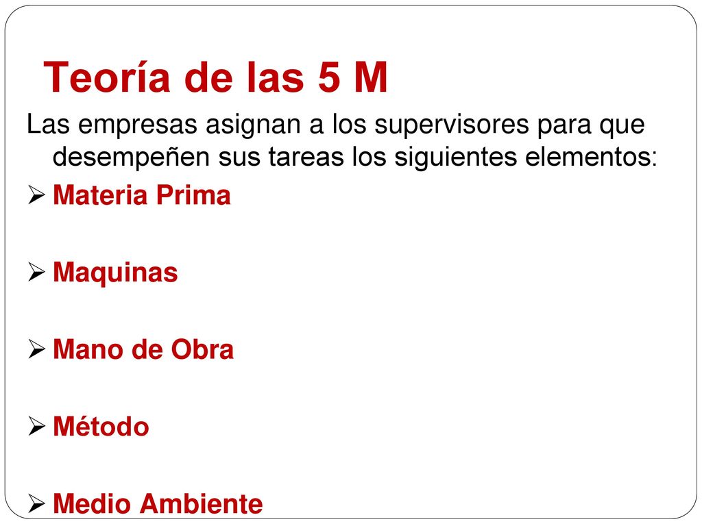 Teoría de las 5 M Las empresas asignan a los supervisores para que desempeñen sus tareas los siguientes elementos:
