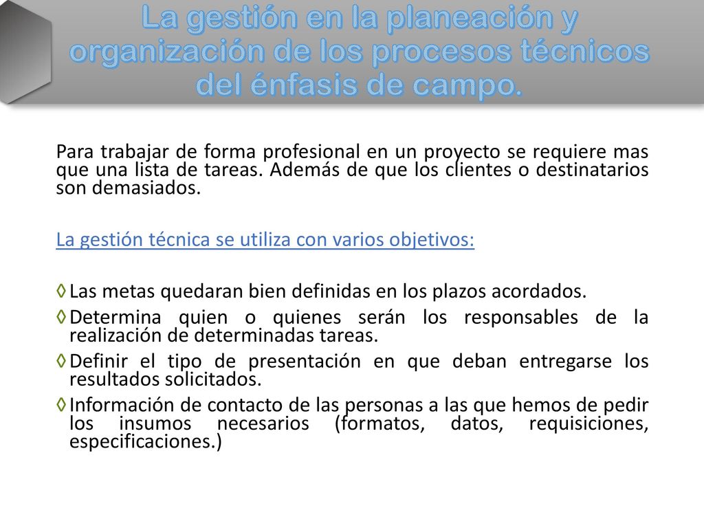 La gestión en la planeación y organización de los procesos técnicos del énfasis de campo.
