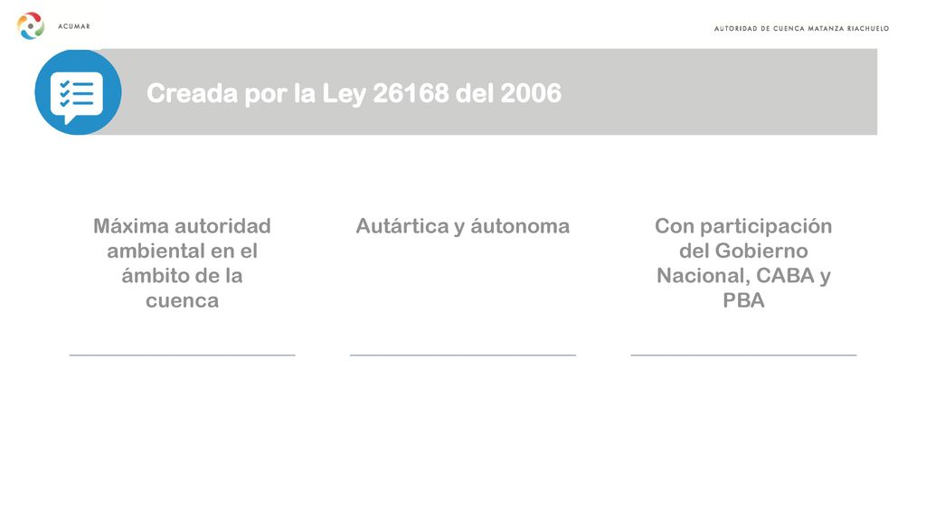 Creada por la Ley del 2006 Máxima autoridad ambiental en el ámbito de la cuenca. Autártica y áutonoma.