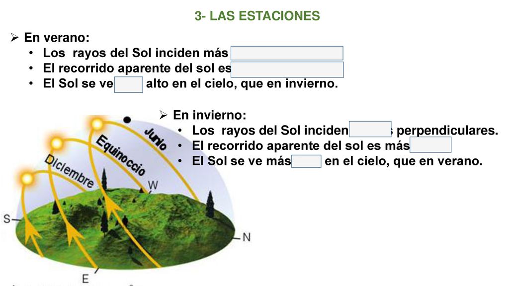 3- LAS ESTACIONES En verano: Los rayos del Sol inciden más perpendiculares. El recorrido aparente del sol es más largo.
