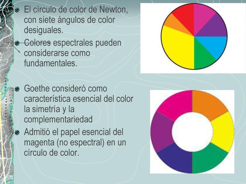 El círculo de color de Newton, con siete ángulos de color desiguales.
