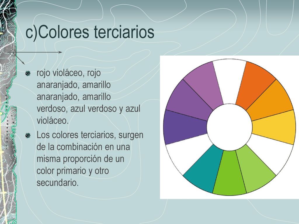 c)Colores terciarios rojo violáceo, rojo anaranjado, amarillo anaranjado, amarillo verdoso, azul verdoso y azul violáceo.