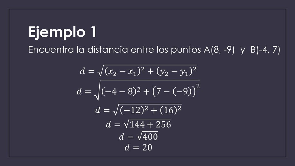 Ejemplo 1 Encuentra la distancia entre los puntos A(8, -9) y B(-4, 7)