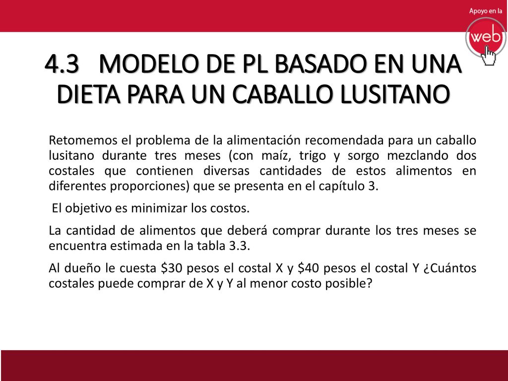 4.3 MODELO DE PL BASADO EN UNA DIETA PARA UN CABALLO LUSITANO