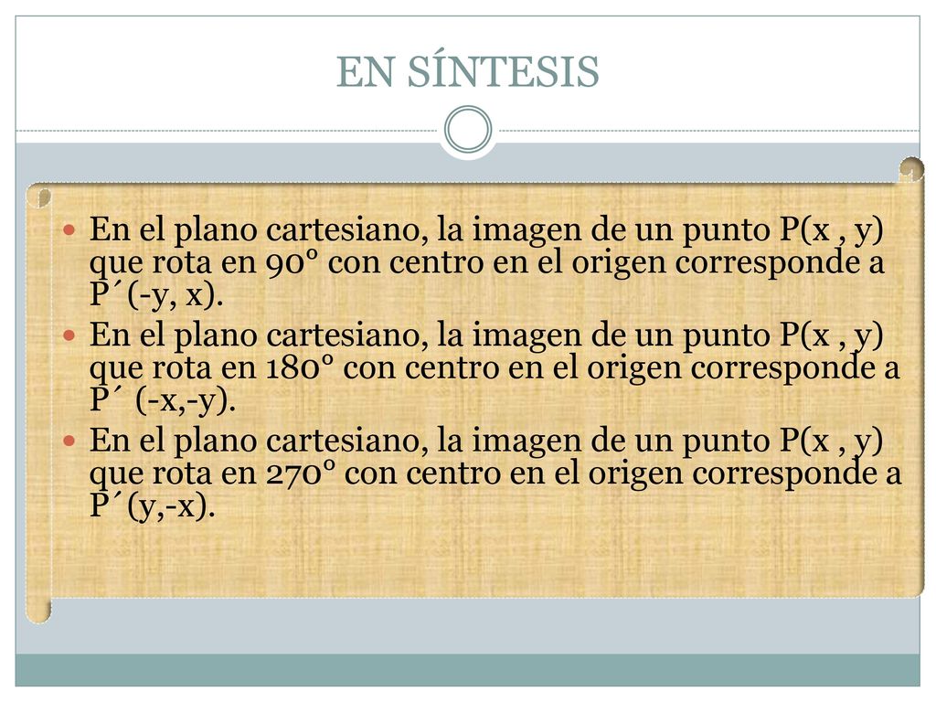 EN SÍNTESIS En el plano cartesiano, la imagen de un punto P(x , y) que rota en 90° con centro en el origen corresponde a P´(-y, x).