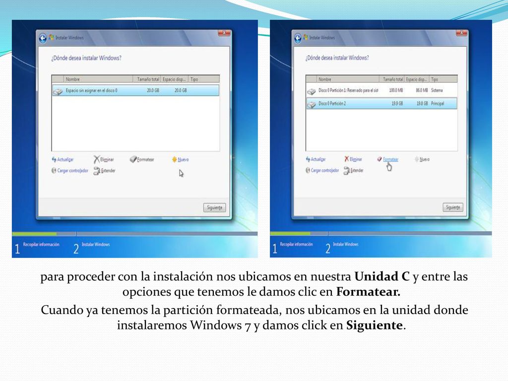 para proceder con la instalación nos ubicamos en nuestra Unidad C y entre las opciones que tenemos le damos clic en Formatear.