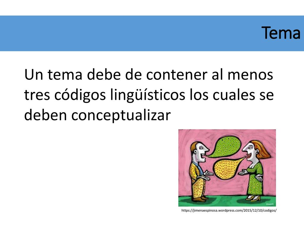 Tema Un tema debe de contener al menos tres códigos lingüísticos los cuales se deben conceptualizar.
