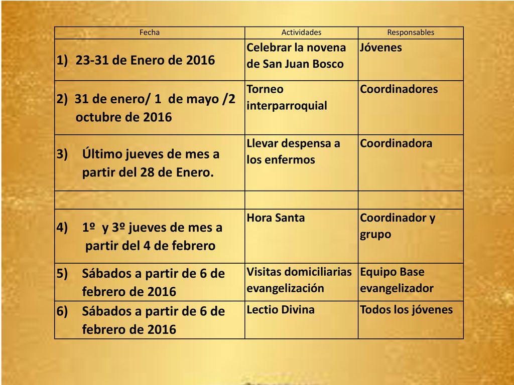23-31 de Enero de ) 31 de enero/ 1 de mayo /2 octubre de 2016