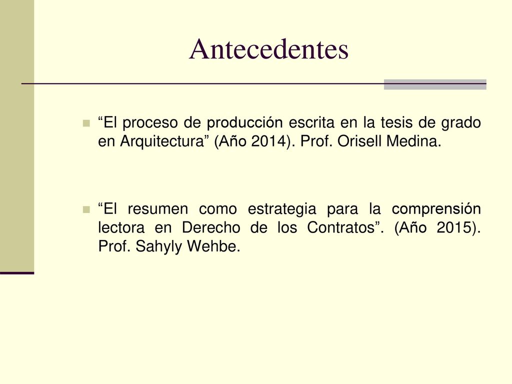 Antecedentes El proceso de producción escrita en la tesis de grado en Arquitectura (Año 2014). Prof. Orisell Medina.