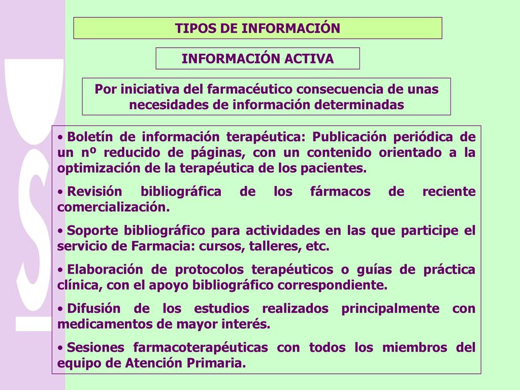 TIPOS DE INFORMACIÓN INFORMACIÓN ACTIVA. Por iniciativa del farmacéutico consecuencia de unas necesidades de información determinadas.
