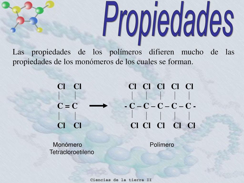 Propiedades Las propiedades de los polímeros difieren mucho de las propiedades de los monómeros de los cuales se forman.