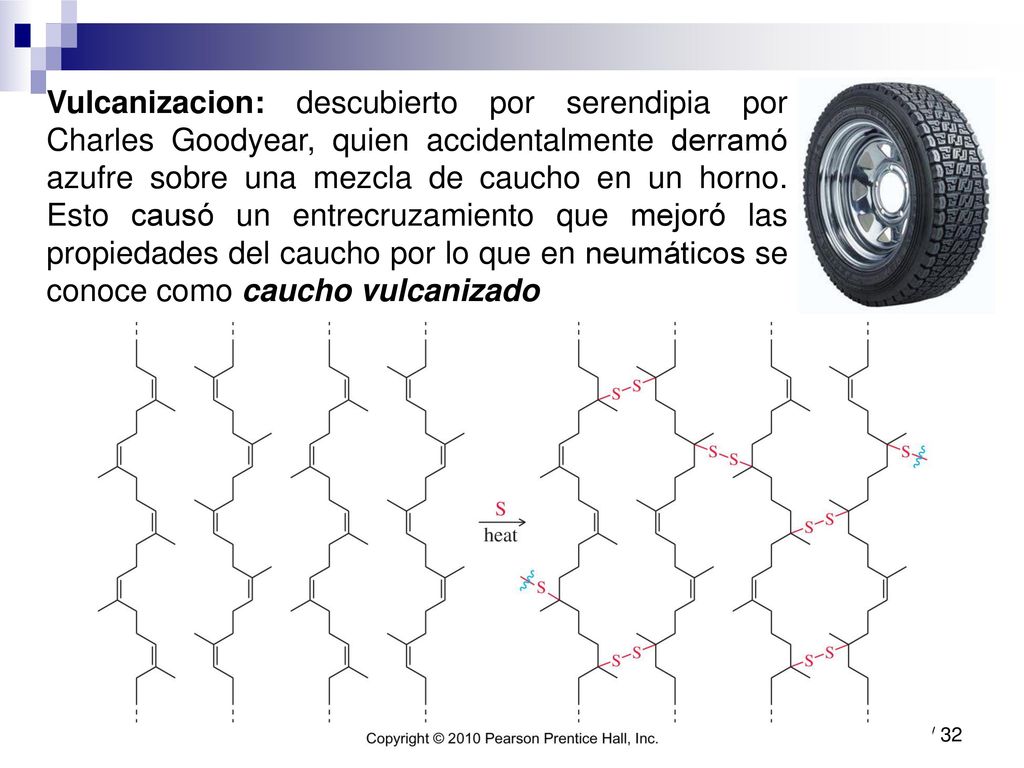 Vulcanizacion: descubierto por serendipia por Charles Goodyear, quien accidentalmente derramó azufre sobre una mezcla de caucho en un horno.