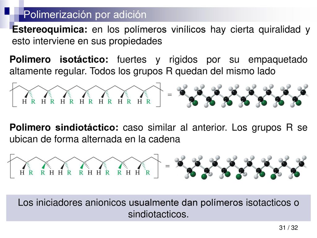 Estereoquimica: en los polímeros vinílicos hay cierta quiralidad y esto interviene en sus propiedades
