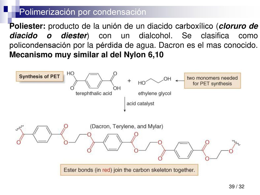 Poliester: producto de la unión de un diacido carboxílico (cloruro de diacido o diester) con un dialcohol.