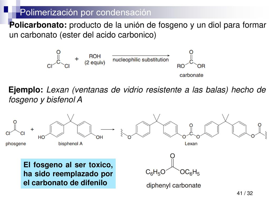 Policarbonato: producto de la unión de fosgeno y un diol para formar un carbonato (ester del acido carbonico)