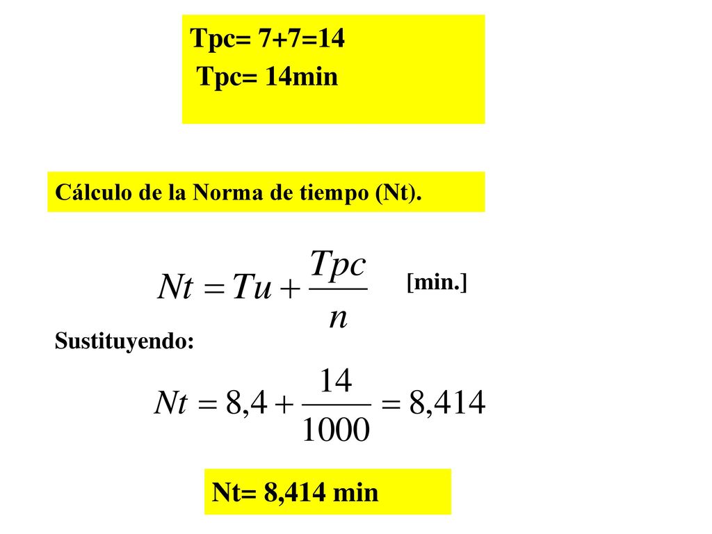 Tpc= 7+7=14 Tpc= 14min Cálculo de la Norma de tiempo (Nt). [min.] Sustituyendo: Nt= 8,414 min
