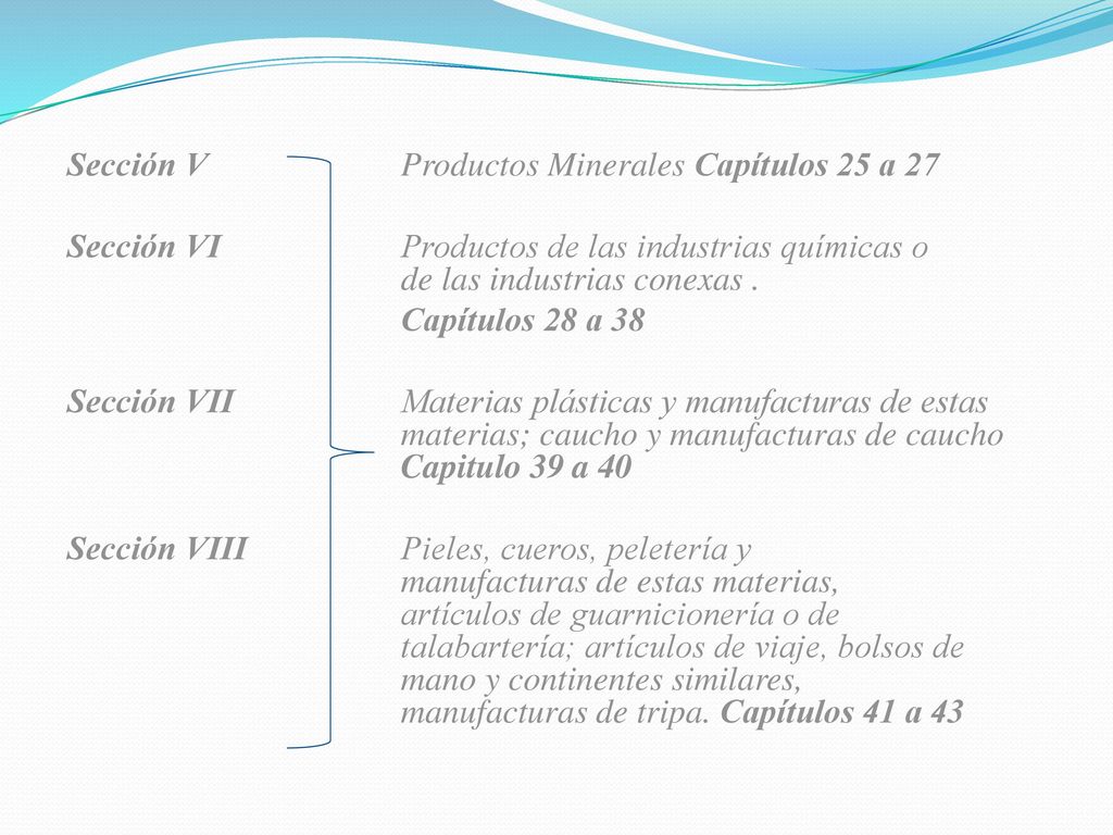 Sección V Productos Minerales Capítulos 25 a 27 Sección VI Productos de las industrias químicas o de las industrias conexas .