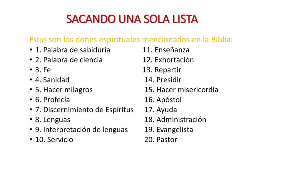 SACANDO UNA SOLA LISTA Estos son los dones espirituales mencionados en la Biblia: 1. Palabra de sabiduría 11. Enseñanza.