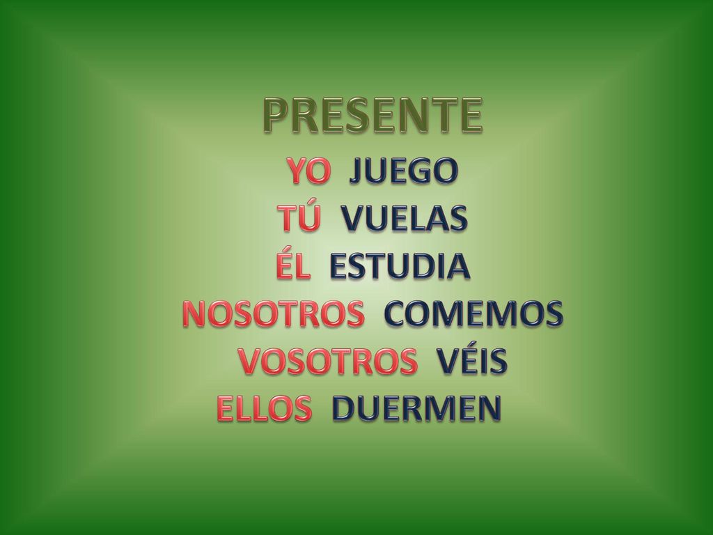 PRESENTE YO JUEGO TÚ VUELAS ÉL ESTUDIA NOSOTROS COMEMOS VOSOTROS VÉIS