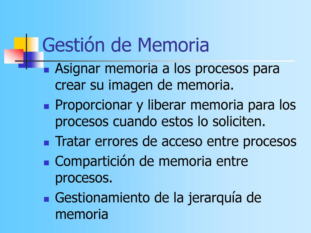 Gestión de Memoria Asignar memoria a los procesos para crear su imagen de memoria.