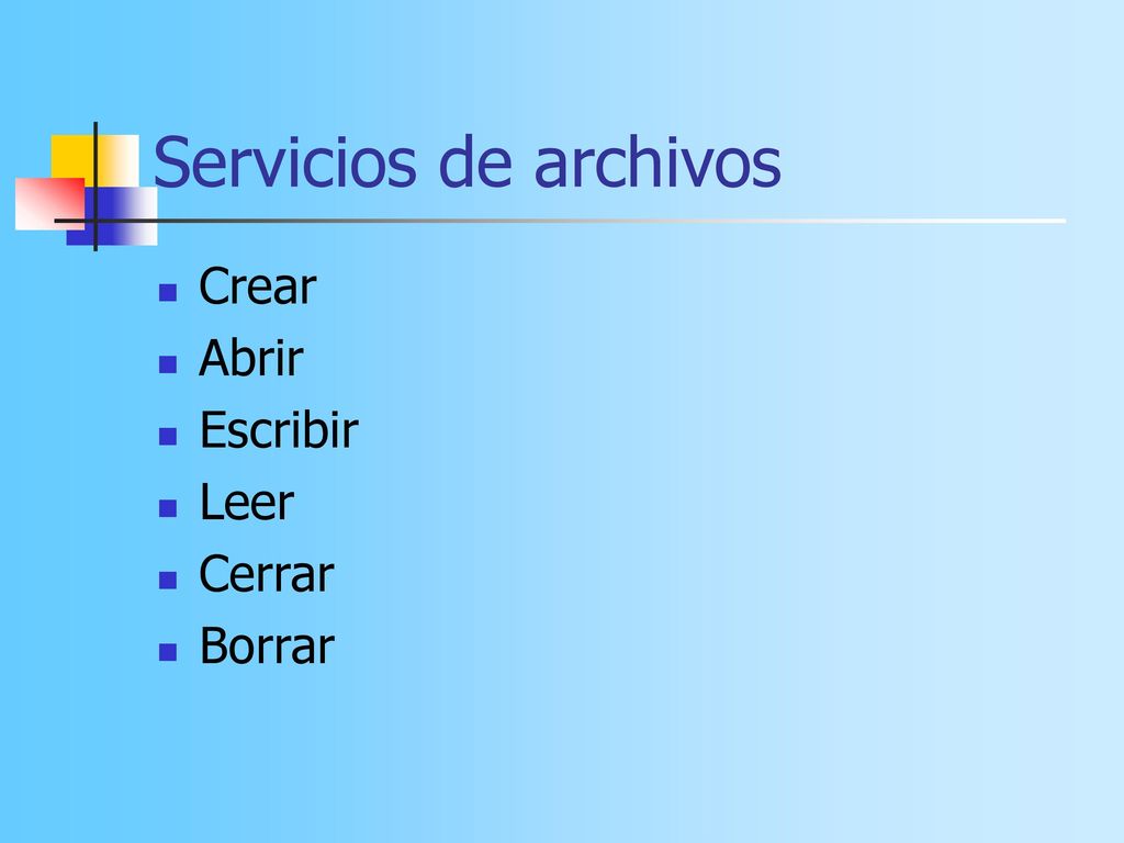Servicios de archivos Crear Abrir Escribir Leer Cerrar Borrar