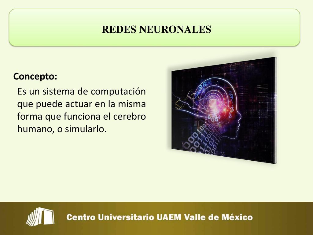 REDES NEURONALES Concepto: Es un sistema de computación que puede actuar en la misma forma que funciona el cerebro humano, o simularlo.
