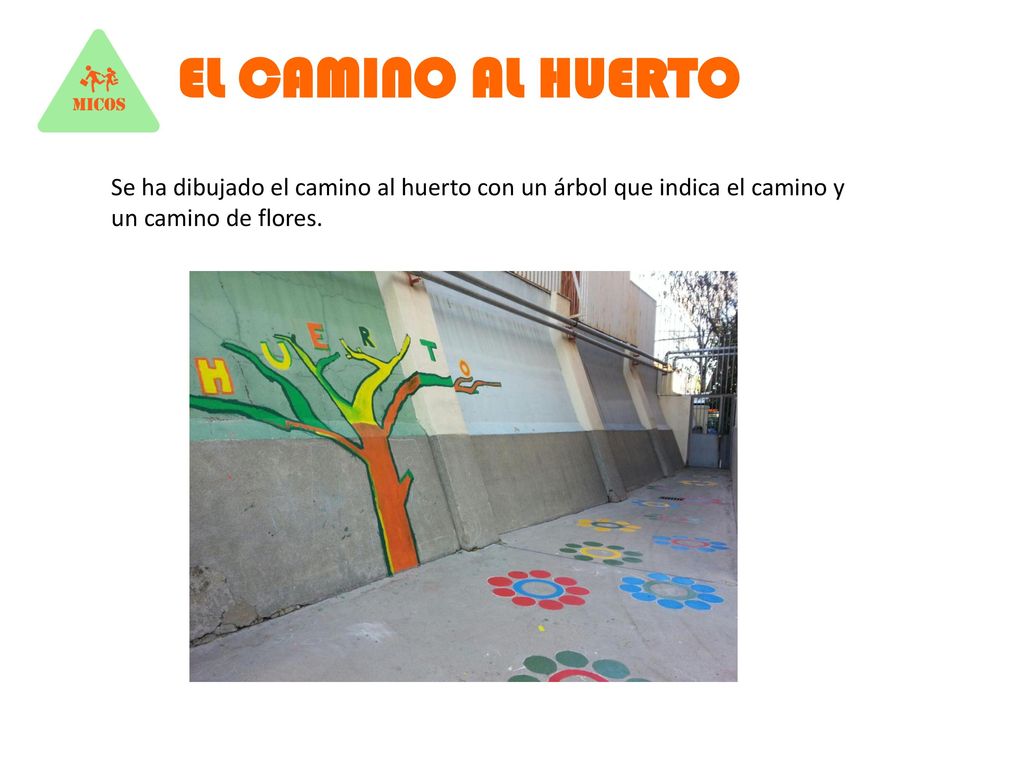 EL CAMINO AL HUERTO Se ha dibujado el camino al huerto con un árbol que indica el camino y un camino de flores.