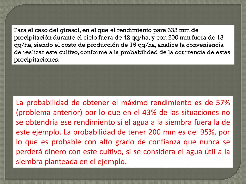 Para el caso del girasol, en el que el rendimiento para 333 mm de precipitación durante el ciclo fuera de 42 qq/ha, y con 200 mm fuera de 18 qq/ha, siendo el costo de producción de 15 qq/ha, analice la conveniencia de realizar este cultivo, conforme a la probabilidad de la ocurrencia de estas precipitaciones.
