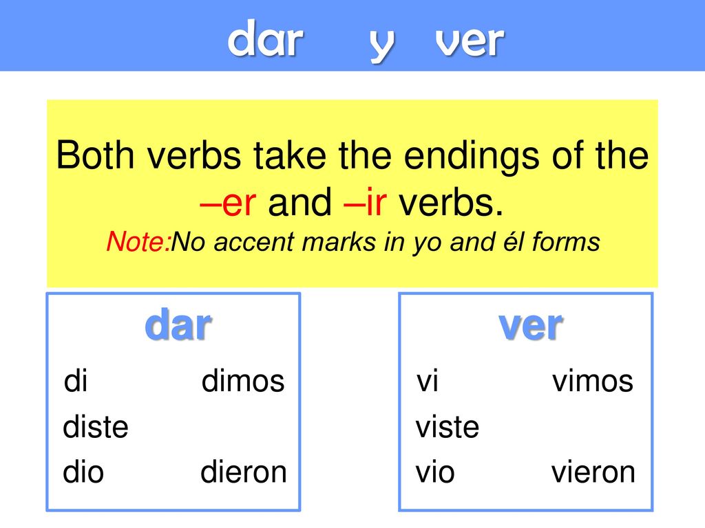 dar y ver Both verbs take the endings of the –er and –ir verbs. Note:No accent marks in yo and él forms.