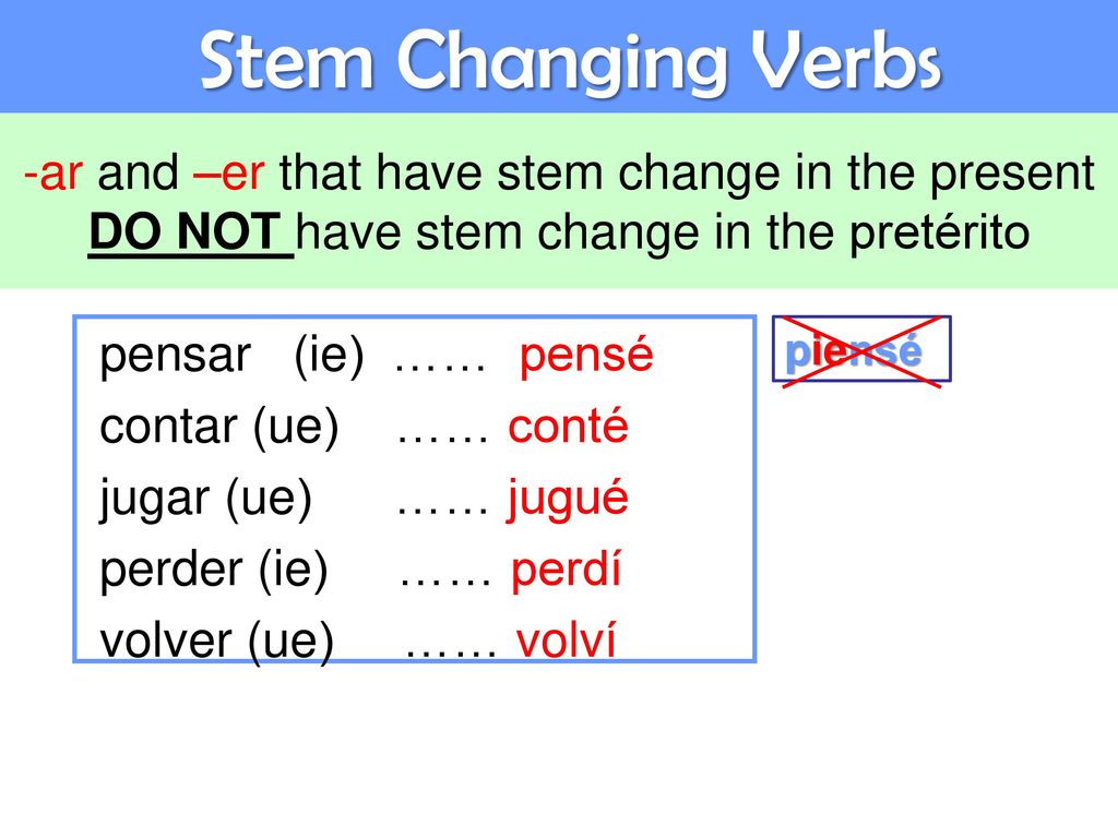 Stem Changing Verbs -ar and –er that have stem change in the present DO NOT have stem change in the pretérito.