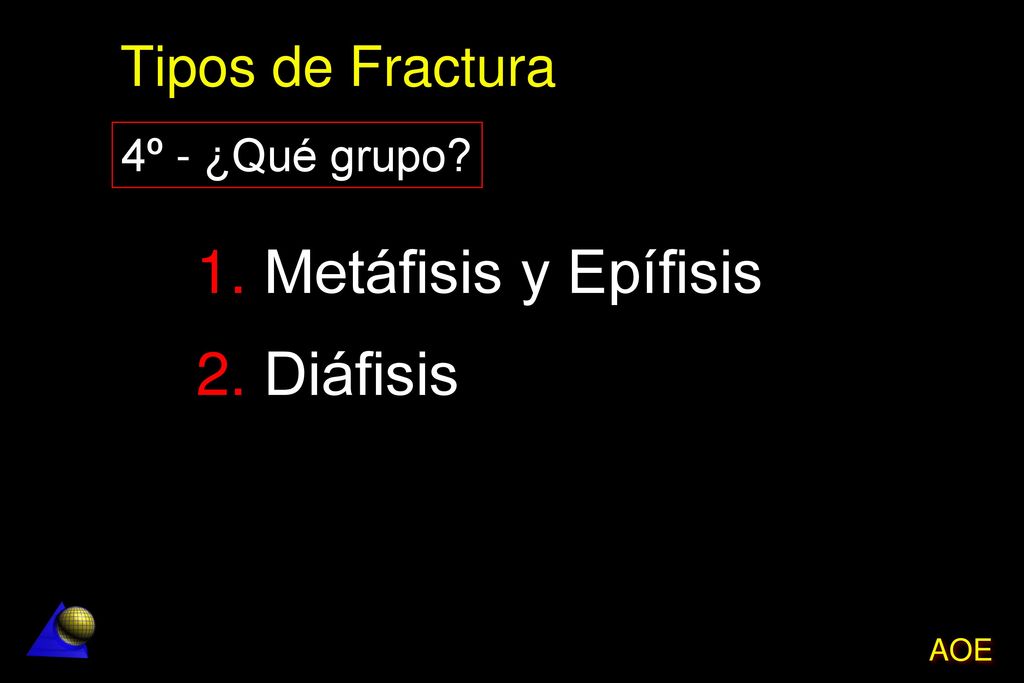 Tipos de Fractura 4º - ¿Qué grupo 1. Metáfisis y Epífisis 2. Diáfisis