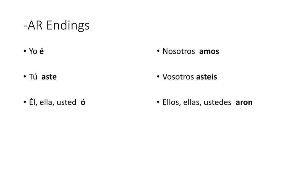 -AR Endings Yo é Tú aste Él, ella, usted ó Nosotros amos